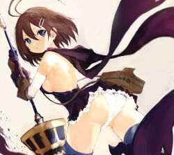 1girl ahoge armor ass aster_knight bikini blue_eyes blue_thighhighs breasts brown_hair commentary eyelashes from_behind from_below gloves greaves hair_between_eyes hair_ornament hairclip highres holding holding_polearm holding_weapon kakuwashi lance looking_at_viewer medium_breasts open_mouth panties pantyshot polearm purple_scarf refrain_no_chika_meikyuu_to_majo_no_ryodan scarf short_hair sideboob simple_background solo swimsuit tankini thighhighs underwear weapon white_panties