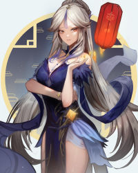 1girl absurdres bare_shoulders blue_dress bracelet cowboy_shot dress floating floating_object fur-trimmed_sleeves fur_trim genshin_impact hair_ornament hair_tassel half_updo highres jewelry long_hair looking_at_viewer magic ningguang_(genshin_impact) ningguang_(orchid&#039;s_evening_gown)_(genshin_impact) off-shoulder_dress off_shoulder official_alternate_costume parted_lips red_eyes smile solo stone tassel tassel_hair_ornament very_long_hair vision_(genshin_impact) white_hair yonesdraws