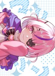 Rule 34 | 1girl, blush, bob cut, cosplay, eyepatch, hand on own cheek, hand on own face, highres, hood, hood down, kigurumi, maria marionette, maria marionette (4th costume), medium hair, multicolored hair, nijisanji, nijisanji en, onesie, pink eyes, pink hair, solo, streaked hair, v yuri, virtual youtuber