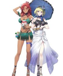 2girls arm_behind_back bikini blonde_hair bracelet breasts colored_inner_hair constance_von_nuvelle constance_von_nuvelle_(summer) dark-skinned_female dark_skin drill_hair drill_sidelocks fire_emblem fire_emblem:_three_houses fire_emblem_heroes flower food frown green_bikini hair_flower hair_ornament hairband hapi_(fire_emblem) hapi_(summer)_(fire_emblem) highres holding holding_umbrella ice_cream jewelry looking_at_viewer medium_breasts medium_hair multicolored_hair multiple_girls nail_polish navel nintendo non-web_source official_alternate_costume official_art one-piece_swimsuit parasol purple_eyes purple_hair red_eyes red_hair sandals sarong short_hair sidelocks smile swimsuit tachi-e umbrella white_sarong