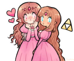 2girls blue_eyes blush breasts brpinkown_hair dress elf grin heart long_hair looking_at_viewer multiple_girls nintendo pink_dress pink_eyes pointy_ears princess_zelda smile spoken_heart standing the_legend_of_zelda the_legend_of_zelda_(nes) triforce zelda_ii:_the_adventure_of_link
