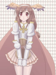 1girl argyle_background armor belt blush_stickers boobplate breastplate brown_background brown_hair cape commentary_request cowboy_shot cross cross_of_prontera dated_commentary expressionless fake_wings feathered_wings gauntlets head_wings long_hair looking_afar lord_knight_(ragnarok_online) miniskirt orange_wings parted_lips pauldrons pink_skirt ragnarok_online red_cape red_eyes sharari shoulder_armor skirt solo white_belt wings