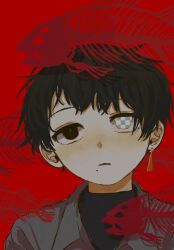 1boy 4rane_tu black_eyes black_hair black_sweater checkered_eyes collared_shirt earrings fish_skeleton grey_shirt heterochromia highres jewelry male_focus mole mole_under_mouth original parted_lips red_background shirt simple_background single_earring solo sweater upper_body