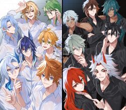 6+boys absurdres alhaitham_(genshin_impact) animal_ears arataki_itto baizhu_(genshin_impact) bat_ears black_hair blonde_hair blue_eyes blue_hair brown_hair dark-skinned_male dark_skin demon_horns eyepatch facial_mark genshin_impact green_eyes green_hair grey_hair heterochromia highres hiki_yuichi horns ifa_(genshin_impact) kaeya_(genshin_impact) kamisato_ayato kaveh_(genshin_impact) long_hair male_focus multicolored_hair multiple_boys neck_tattoo neuvillette_(genshin_impact) orange_hair ororon_(genshin_impact) pink_eyes pointy_ears purple_eyes red_eyes red_hair shirt short_hair sunglasses tartaglia_(genshin_impact) tattoo thoma_(genshin_impact) wet white_hair white_shirt wriothesley_(genshin_impact) zhongli_(genshin_impact)