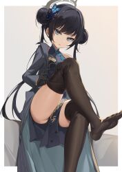 1girl bare_shoulders bitterpain black_gloves black_hair black_thighhighs blue_archive breasts china_dress chinese_clothes coat double_bun dress gloves green_eyes hair_bun highres kisaki_(blue_archive) loli long_hair looking_at_viewer no_shoes putting_on_legwear sitting small_breasts soles solo thighhighs thighs very_long_hair