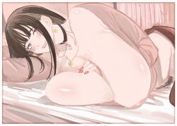 1girl areola_slip arm_between_breasts black_choker black_hair blush breast_press breasts chichi8181 choker cleavage earrings female_pubic_hair huge_breasts jewelry lips long_hair low-cut lying mature_female necklace on_side original pubic_hair pubic_hair_peek red_eyes red_nails smile solo
