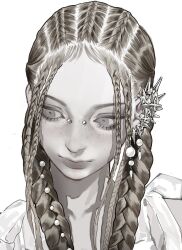 braid braided_bangs braided_ponytail bridge_piercing collarbone earrings freckles grey_eyes hair_jewelry headshot highres jewelry lips looking_down monochrome nose_piercing original pearl_earrings piercing puffy_sleeves shiho_m429 silver_jewelry simple_background spiked_ear_piercing white_background
