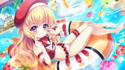 Rule 34 | 1girl, barefoot, belt buckle, beret, bikini, blonde hair, blue sky, blush, bow, breasts, buckle, buttons, cleavage, cloud, day, deck chair, detached sleeves, dot nose, double-breasted, dutch angle, film grain, finger to face, flower, flower on liquid, folding chair, game cg, grin, hasegawa mii, hat, hibiscus, inflatable unicorn, izumi tsubasu, lens flare, long hair, looking at viewer, navel, non-web source, official art, on innertube, orange flower, orange innertube, outdoors, pink flower, pool, purple eyes, re:stage!, reclining, red bow, red flower, red hat, sky, small breasts, smile, solo, sparkle, sparkling eyes, swimsuit, thigh strap, white bikini, white flower