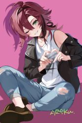 1boy alternate_costume black_choker black_jacket black_shoes blue_pants blush choker genshin_impact green_eyes hair_between_eyes heart heart_hands highres jacket long_hair long_sleeves looking_at_viewer male_focus mole mole_under_eye multicolored_hair one_eye_closed pants pink_background ponytail red_hair rrr_gns_(riuriu_1212) shikanoin_heizou shoes smile solo streaked_hair tank_top teeth torn_clothes torn_pants white_tank_top