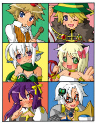 2boys 4girls apple_on_head arch_bishop_(ragnarok_online) armor arrow_through_apple bandeau black-framed_eyewear black_dress blonde_hair blue_eyes blue_wings blush bow brown_hair brown_vest chainmail cleavage_cutout closed_mouth clothing_cutout clown_(ragnarok_online) collared_shirt commentary_request cross_of_prontera crossed_bangs dancer_(ragnarok_online) dress feathered_wings fingerless_gloves fur_collar glasses gloves gradient_wings green_eyes green_gloves green_hat green_scarf green_tube_top guitar hair_bow hair_ornament hat head_wings heart heart_hair_ornament holding holding_guitar holding_instrument holding_whip instrument long_hair looking_at_viewer monou0135 multicolored_wings multiple_boys multiple_girls open_mouth orange_wings pauldrons pink_eyes pointy_ears purple_eyes purple_hair ragnarok_online ranger_(ragnarok_online) red_bow royal_guard_(ragnarok_online) scarf shirt short_hair shoulder_armor smile sorcerer_(ragnarok_online) strapless tongue tongue_out tube_top upper_body vest white_bandeau white_dress white_hair white_shirt wings witch_hat yellow_bow