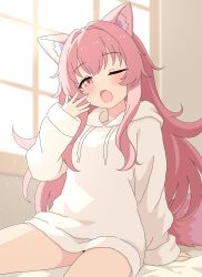 Rule 34 | 1girl, animal ears, arm support, day, dog ears, dog girl, dog tail, fang, fluffy clothes, highres, hood, hood down, hoodie, long hair, long sleeves, looking at viewer, naked hoodie, no pants, on bed, one eye closed, open mouth, original, pink eyes, pink hair, skin fang, sleepy, tail, tears, white hoodie, yawning, yuu-chan (inugamikenoy), yuu-kun (inugamikenoy)