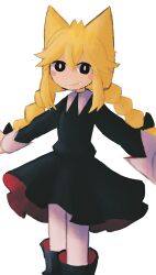 1girl absurdres bad_id bad_twitter_id black_dress black_eyes blonde_hair blush_stickers braid bright_pupils closed_mouth commentary dress feet_out_of_frame funamusea hair_between_eyes highres iesonatana inactive_account long_hair long_sleeves looking_at_viewer low_twin_braids moge-ko mogeko_castle pantyhose simple_background smile solo standing twin_braids white_background white_pantyhose white_pupils