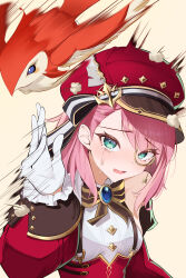1girl absurdres aqua_eyes bare_shoulders bird bow bowtie brooch charlotte_(genshin_impact) crying crying_with_eyes_open detached_sleeves genshin_impact gloves hand_up hat highres jewelry long_sleeves looking_at_viewer medium_hair monocle motion_lines open_mouth parted_bangs peaked_cap pink_hair red_hat shirt sleeveless sleeveless_shirt solo stellar_(str4tostell4r) suspenders tears underbust white_gloves white_shirt