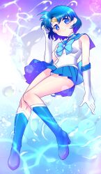 Rule 34 | 1girl, absurdres, back bow, bishoujo senshi sailor moon, blue boots, blue bow, blue choker, blue eyes, blue hair, blue sailor collar, blue skirt, boots, bow, breasts, choker, circlet, closed mouth, earrings, elbow gloves, full body, gloves, hand up, highres, himehachi (hime8manga), jewelry, magical girl, medium breasts, miniskirt, mizuno ami, panties, pantyshot, pleated skirt, sailor collar, sailor mercury, sailor senshi uniform, shirt, short hair, skirt, sleeveless, sleeveless shirt, smile, solo, split mouth, underwear, water, white gloves, white panties, white shirt