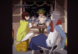 3girls asakusa_midori boonie_hat brown_hair camouflage_hat commentary cooking eizouken_ni_wa_te_wo_dasu_na! freckles kanamori_sayaka katsuoboshi letterboxed long_hair mizusaki_tsubame multiple_girls school_uniform shibahama_high_school_uniform short_hair sitting sitting_on_object steam