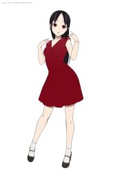1girl :o absurdres black_hair bracelet coro_fae dress full_body hands_up highres jewelry kaguya-sama_wa_kokurasetai_~tensai-tachi_no_renai_zunousen~ long_hair looking_at_viewer parted_bangs red_dress red_eyes shinomiya_kaguya short_dress simple_background solo standing straight_hair white_background