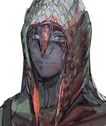 1boy blood blood_in_hair blood_on_clothes closed_mouth elden_ring elden_ring_nightreign green_hood grey_eyes grey_hair hair_between_eyes highres hood hood_up ironeye_(elden_ring) looking_to_the_side male_focus mask portrait riio sideways_glance simple_background solo uneven_eyes white_background