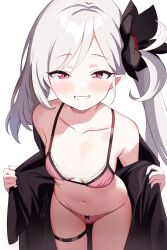 1gen_sinkun 1girl bare_shoulders blue_archive blush bow bow_panties bra breasts grey_hair hair_ornament highres long_hair looking_at_viewer mutsuki_(blue_archive) open_clothes panties pink_bra pink_panties pointy_ears purple_eyes red_eyes side_ponytail small_breasts smile solo standing teeth underwear white_background