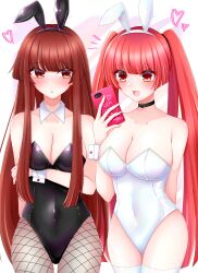 Rule 34 | 2girls, absurdres, animal ears, bemani, black leotard, blunt bangs, breasts, card, cleavage, covered navel, detached collar, fake animal ears, fishnets, hairband, heart, highres, konoha (sound voltex), kureha (sound voltex), leotard, long hair, looking at viewer, multiple girls, open mouth, otachi a, pantyhose, playboy bunny, playing card, rabbit ears, red eyes, red hair, sound voltex, strapless, strapless leotard, thighhighs, twintails, very long hair, white leotard, wrist cuffs