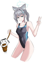animal_ear_fluff animal_ears black_one-piece_swimsuit blue_archive blue_eyes bound breasts competition_swimsuit cross_hair_ornament doodle_sensei_(blue_archive) extra_ears gag grey_hair hair_ornament halo highleg highleg_one-piece_swimsuit highres improvised_gag low_ponytail medium_breasts medium_hair mismatched_pupils multicolored_swimsuit official_alternate_costume one-piece_swimsuit ponytail sensei_(blue_archive) shiroko_(blue_archive) shiroko_(swimsuit)_(blue_archive) smile spica_(53_trump) swimsuit tape tape_gag tied_up_(nonsexual) v wolf_ears