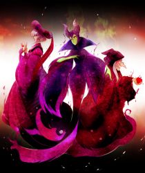 1boy 2girls aged_down apple bad_id bad_pixiv_id black_dress bridal_gauntlets claude_frollo cloak colored_sclera colored_skin disney dress fake_horns food fruit gradient_background green_skin grey_hair hat high_collar hood horned_headwear horns long_dress long_nose maleficent marimo_(yousei_ranbu) multiple_girls old old_woman one_man&#039;s_dream_ii sleeping_beauty snow_white_and_the_seven_dwarfs steepled_fingers the_hunchback_of_notre_dame warts wide_hips wide_sleeves witch_(snow_white) yellow_sclera