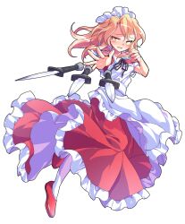 1girl alphes_(style) apron bare_arms black_ribbon blonde_hair blush breasts collared_dress commentary_request dairi dress frilled_apron frilled_dress frills frown full_body hair_between_eyes hair_intakes large_variant_set leg_up long_hair maid maid_apron maid_headdress open_mouth palms pantyhose parody puffy_short_sleeves puffy_sleeves red_dress red_shoes ribbon shoes short_sleeves small_breasts solo style_parody sword throwing touhou touhou_(pc-98) transparent_background variant_set weapon white_apron white_pantyhose yellow_eyes yumeko_(touhou)