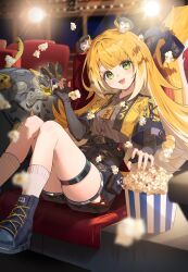 1girl animal_ears black_gloves black_shoes black_shorts blonde_hair brown_shirt collared_shirt elbow_gloves fingerless_gloves gloves green_eyes highres jacket ju_fufu komiya_latte long_hair looking_at_viewer open_clothes open_jacket open_mouth shirt shoes short_sleeves shorts smile socks solo thigh_strap tiger_ears tiger_girl white_socks yellow_jacket zenless_zone_zero