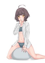 1girl ahoge bad_id bad_pixiv_id barefoot blue_bra blue_panties blunt_bangs bra brown_hair cameltoe collared_shirt female_focus female_masturbation highres kantai_collection kishinami_(kancolle) long_sleeves looking_at_viewer masturbation navel nn_tasu open_clothes open_shirt panties parted_lips pillow_humping shirt short_hair simple_background sitting solo teeth underwear wavy_hair white_background white_shirt yellow_eyes