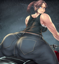 Rule 34 | 1girl, absurdres, ass, belt, blue eyes, blush, breasts, brown hair, claire redfield, denim, female focus, from behind, highres, huge ass, jeans, jin-jin, large breasts, long hair, looking at viewer, looking back, motor vehicle, motorcycle, open mouth, pants, ponytail, resident evil, resident evil 2, shiny clothes, sideboob, solo, tank top