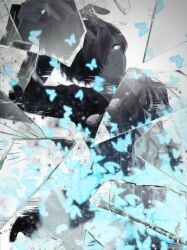 Rule 34 | 1boy, arm up, black jacket, black ribbon, blazer, blurry, blurry background, border, broken glass, bug, butterfly, dress shirt, facing to the side, glass, glass shards, grey hair, hair over one eye, highres, insect, jacket, leaning back, light particles, looking to the side, male focus, open clothes, open hand, open jacket, ornate border, outstretched arm, partially colored, partially unzipped, persona, persona 3, ribbon, school uniform, shirt, sleeve zipper, tsukitaka, white background, white eyes, white shirt, yuuki makoto (persona 3)