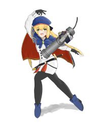 Rule 34 | 1girl, absurdres, artoria caster (fate), artoria pendragon (fate), beret, black gloves, blonde hair, blue cape, blush, bomb, boots, buttons, cape, commentary, double-breasted, english commentary, explosive, fate/grand order, fate (series), full body, fuse, gloves, green eyes, hat, heel up, highres, jacket, long hair, looking at viewer, multicolored cape, nicho, open mouth, pantyhose, pipe bomb, red cape, simple background, smile, solo, sword, sword on back, throwing, weapon, weapon on back, white background, white jacket