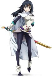 1girl black_eyes black_hair cape full_body gloves highres holding holding_sword holding_weapon izawa_shizue long_hair looking_at_viewer mask mask_on_head official_art smile solo sword tensei_shitara_slime_datta_ken torn_cape torn_clothes weapon white_background white_gloves