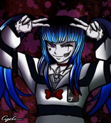 1girl amemiya_darumi black_bow black_hair blue_hair bow collar collarbone double_v face_piercing female_focus hair_between_eyes hands_up heart lip_piercing long_hair long_sleeves looking_at_viewer makeup one_eye_closed piercing pink_background pink_eyes red_background red_bow runny_makeup safety_pin shirt smile solo solo_focus striped_clothes striped_shirt the_hundred_line_-last_defense_academy- twintails v wink