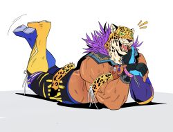 1boy animal_head animal_print armlet asymmetrical_footwear crossed_ankles dark-skinned_male dark_skin fangs feathers fingerless_gloves gloves green_eyes highres jewelry king_(tekken) leopard_print leopard_tail luchador lying male_focus mismatched_footwear motion_lines muscular muscular_male on_stomach open_mouth palmar_flexion purple_feathers sharp_teeth shibuyadogs simple_background solo tail teeth tekken tekken_8 tongue topless_male white_background wrestling_outfit