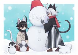 2boys :d animal_ears bird black_gloves black_hair black_kimono black_scarf black_tail blue_background blush boots building_snowman cat_boy cat_ears cat_tail clone from_behind full_body glasses gloves green_eyes hakama highres itoshiki_nozomu japanese_clothes kemonomimi_mode kimono kneeling looking_at_another magusagari male_focus multiple_boys official_alternate_color open_mouth penguin red_scarf sayonara_zetsubou_sensei scarf shosei smile snow snowing snowman tail white_hair white_tail