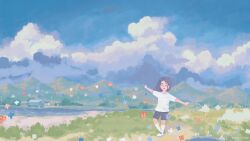 1girl aandulce absurdres artist_name black_hair black_shorts blue_sky bug butterfly closed_eyes cloud cloudy_sky field highres house insect landscape long_hair mountain open_mouth original outstretched_arms sand shirt shoes shorts sky smile socks tagme white_shirt white_shoes white_socks