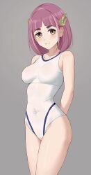 1girl absurdres amayo_thranana arched_bangs arms_behind_back blunt_bangs blush breasts brown_eyes closed_mouth commentary_request competition_swimsuit covered_navel cowboy_shot grey_background hair_ornament hairclip highleg highleg_one-piece_swimsuit highres lacey_(pokemon) large_breasts light_smile looking_at_viewer medium_hair nintendo one-piece_swimsuit paid_reward_available pink_hair pokemon pokemon_sv simple_background solo standing swimsuit thick_eyebrows white_one-piece_swimsuit
