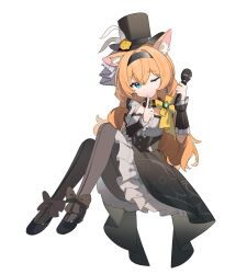 1girl animal_ears black_headband black_overskirt black_pantyhose blue_archive choker dress e_li_(77864296) finger_to_mouth flower flower_hat fluffy_hair frilled_choker frills full_body grey_dress grey_feathers halo hat hat_flower headband highres holding holding_microphone idol idol_clothes index_finger_raised looking_at_viewer mari_(blue_archive) mari_(idol)_(blue_archive) microphone mini_hat mini_top_hat official_alternate_costume orange_hair pantyhose rose solo top_hat white_background wrist_wrap yellow_flower yellow_halo yellow_rose