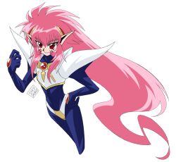 1girl armor artist_name blue_bodysuit bodysuit breastplate chest_guard commentary faux_retro_artstyle grin hand_on_own_hip hand_up highres long_hair long_pointy_ears magic_knight_rayearth nova_(rayearth) pale_skin pink_hair pointy_ears red_eyes sadewoo0 shoulder_pads sidelocks signature simple_background smile solo spiked_hair very_long_hair white_background