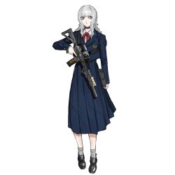 1girl absurdres black_choker black_shoes blazer blue_eyes blue_jacket blue_skirt bow choker collared_shirt commentary full_body grey_hair grey_socks gun highres holding holding_gun holding_weapon jacket long_hair original peinlike pleated_skirt red_bow shirt shoes simple_background skirt socks solo standing weapon weapon_request white_background white_shirt