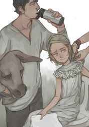 1boy 1girl a_midsummer_night&#039;s_dream dress drinking facial_hair feason flat_chest goatee highres karen_stewart long_hair mask original thermos unworn_mask white_dress