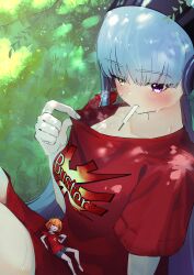2girls absurdres bare_legs barefoot blush breasts closed_eyes dripping fate/grand_order fate_(series) food food_in_mouth fujimaru_ritsuka_(female) giant giantess hair_between_eyes hair_ornament hair_scrunchie hands_up heterochromia highres holding hot kingprotea_(fate) large_breasts lawn long_hair looking_at_another lying multiple_girls open_mouth orange_hair outdoors popsicle popsicle_in_mouth purple_eyes purple_hair red_eyes red_shirt scrunchie shadow shirt short_hair short_sleeves shorts sitting steaming_body summer sunlight sweat thighs toumokorosi_01 xochitonal_(fate)