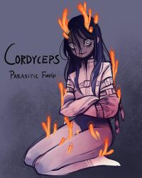Rule 34 | 1girl, @ @, colored skin, cordyceps, feefal, highres, long hair, monster girl, mushroom girl, original, parasite, personification, smile, solo, straitjacket