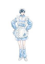 Rule 34 | 1boy, :&lt;, absurdres, apron, blue bow, blue eyes, blue flower, blue hair, blue jacket, blue leg warmers, blue shorts, bow, boys be maid!, closed mouth, crossdressing, crossdressing (mtf), double-parted bangs, flower, flower ornament, forget-me-not (flower), frilled apron, frills, full body, hair between eyes, hair bow, hair flower, hair ornament, hairclip, hands on own hips, heart, heart hair ornament, highres, jacket, jersey maid, leg warmers, legwear garter, long sleeves, looking at viewer, maid, maid apron, maid headdress, male focus, male maid, name tag, official art, orchid, second-party source, shoes, short hair, shorts, side part, sleeve garter, sleeves past wrists, smile, sneakers, solo, standing, tachi-e, takashina ranto, track jacket, transparent background, ugonba (howatoro), unconventional maid, white apron, white bow, white flower, white shoes, zipper, zipper pull tab