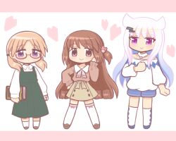 Rule 34 | 3girls, alternate costume, bad id, bad twitter id, blue hair, blue shoes, blue shorts, blush, book, brown hair, brown shoes, chibi, closed mouth, collared shirt, dress, eternal sakura, full body, glasses, hair ornament, hairclip, hand up, hiiragi nemu, holding, holding book, kneehighs, long hair, long sleeves, looking at viewer, low twintails, magia record: mahou shoujo madoka magica gaiden, mahou shoujo madoka magica, multicolored hair, multiple girls, neck ribbon, off shoulder, pinafore dress, puffy long sleeves, puffy sleeves, purple eyes, red-framed eyewear, reverse (bluefencer), ribbon, satomi touka, semi-rimless eyewear, shirt, shoes, short shorts, shorts, sleeveless, sleeveless dress, sleeves past wrists, smile, socks, standing, thighhighs, twintails, under-rim eyewear, very long hair, white background, white hair, white shirt