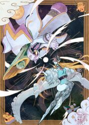 Rule 34 | 2girls, black background, black hair, blonde hair, blue leotard, border, breasts, brown border, cendrillmon, coat, colored skin, covered eyes, digimon, digimon (creature), digimon card game, digimon liberator, fur coat, hanimon, helmet, helmet over eyes, kaguyamon, leotard, long hair, medium breasts, multiple girls, omiyakoo, robe, rotational symmetry, shoemon, trait connection, white coat, white robe, white skin