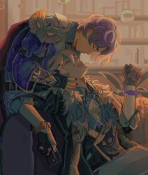 2boys arm_rest aventurine_(honkai:_star_rail) belt_collar black_gloves black_nails blonde_hair blue_jacket bracelet bubble cleavage_cutout closed_eyes clothing_cutout collar collared_shirt dice dr._ratio_(honkai:_star_rail) fur_scarf gem gloves grin hands_on_another&#039;s_cheeks hands_on_another&#039;s_face highres holding holding_dice honkai:_star_rail honkai_(series) imminent_kiss indoors jacket jewelry male_focus multiple_boys ring ronanxing shirt short_hair sitting smile watch wristwatch yaoi