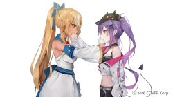 2girls black_hat blonde_hair bow breasts copyright_notice dark-skinned_female dark_skin demon_tail ear_piercing elf green_eyes hair_bow hair_ornament hairclip hat hololive izumi_kei large_breasts long_hair multicolored_hair multiple_girls piercing pointy_ears ponytail purple_hair red_eyes shiranui_flare simple_background streaked_hair tail tokoyami_towa twintails virtual_youtuber white_background white_hair