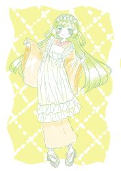 Rule 34 | 1girl, apron, artist name, assault lily, blush, border, bow, closed mouth, commentary, frilled apron, frills, full body, fumi (fumifumi3axl), green hair, grid background, hair bow, hands up, highres, japanese clothes, kawabata hotaru, kimono, long hair, long sleeves, looking at viewer, maid, maid apron, maid headdress, no pupils, okobo, orange kimono, outside border, platform sandals, sandals, smile, solo, standing, tabi, very long hair, wa maid, white apron, white border, white bow, wide sleeves, yellow background
