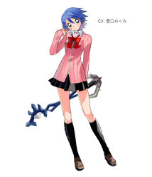 1girl aqua_(kingdom_hearts) black_skirt blue_eyes blue_hair blush brown_shoes choker commentary cosplay english_commentary highres holding holding_weapon keyblade kingdom_hearts long_sleeves looking_at_viewer persona persona_3 pleated_skirt red_ribbon ribbon shoes short_hair skirt sweatdrop takeba_yukari takeba_yukari_(cosplay) weapon white_background yomyompi